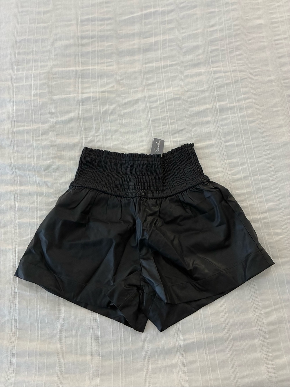 TCEC Black High-Waist Smocked Satin-Look Shorts